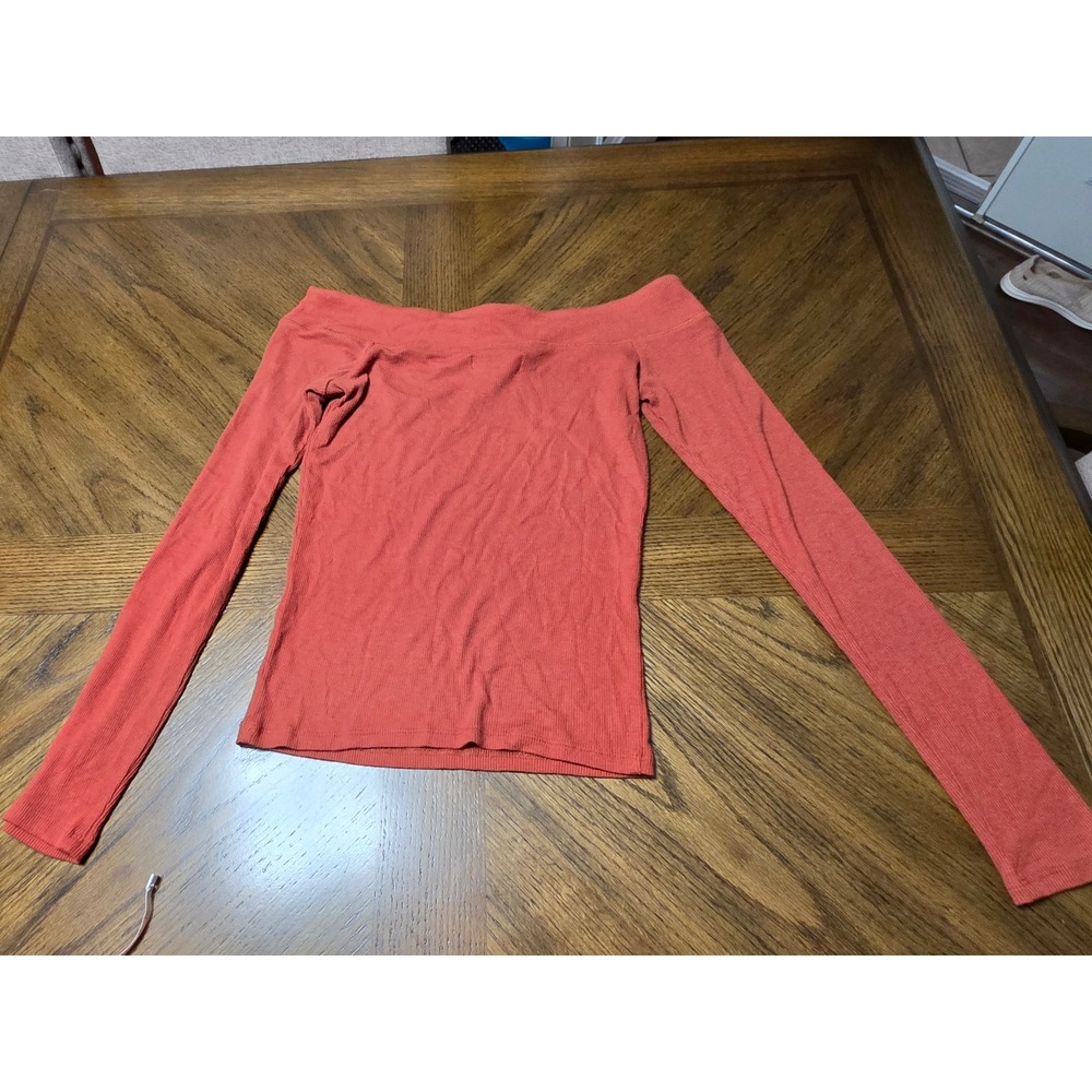 Hollister Rust Orange Ribbed Off The Shoulder Long Sleeve Top Size M